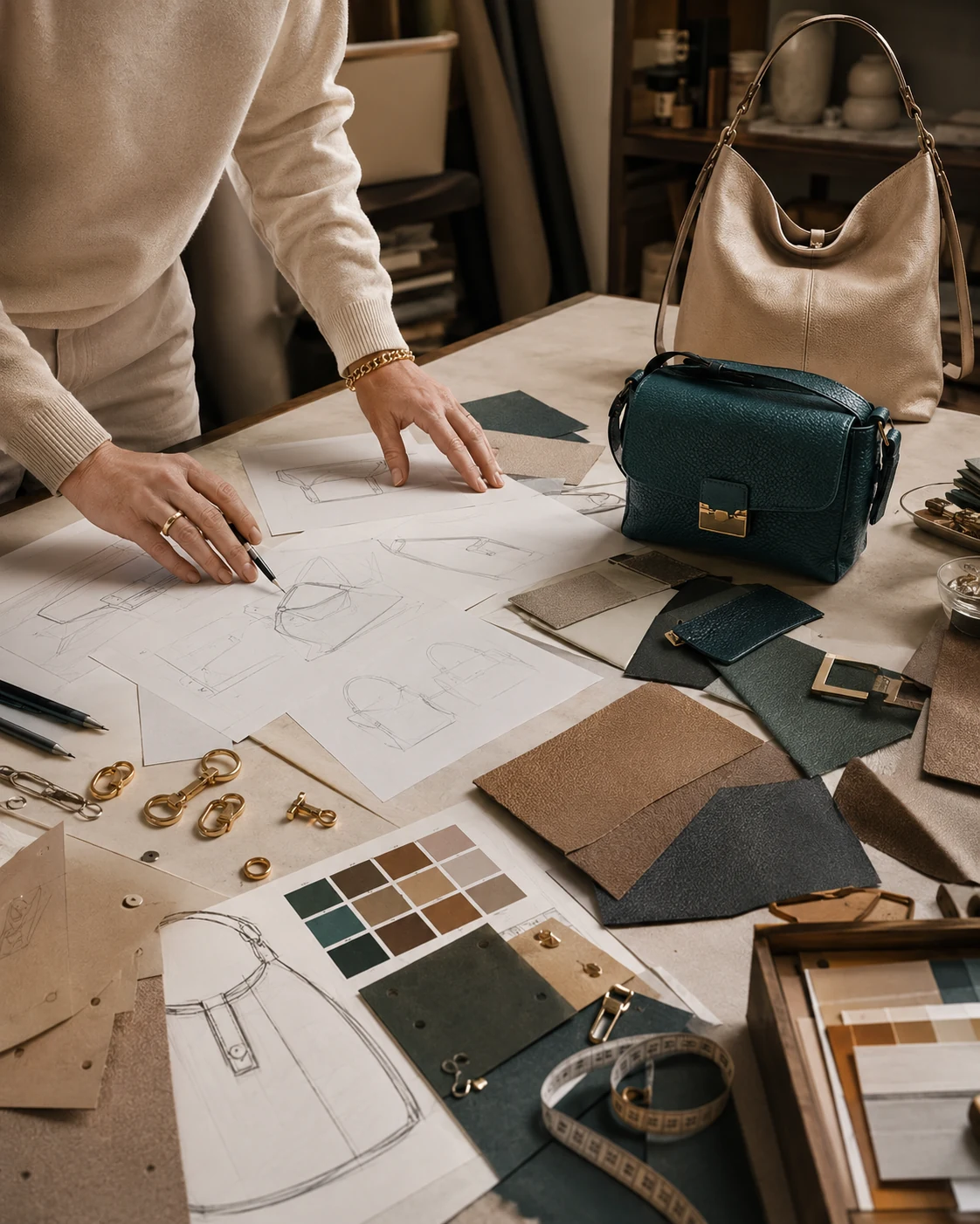Italian handbag design atelier with sketches and leather samples