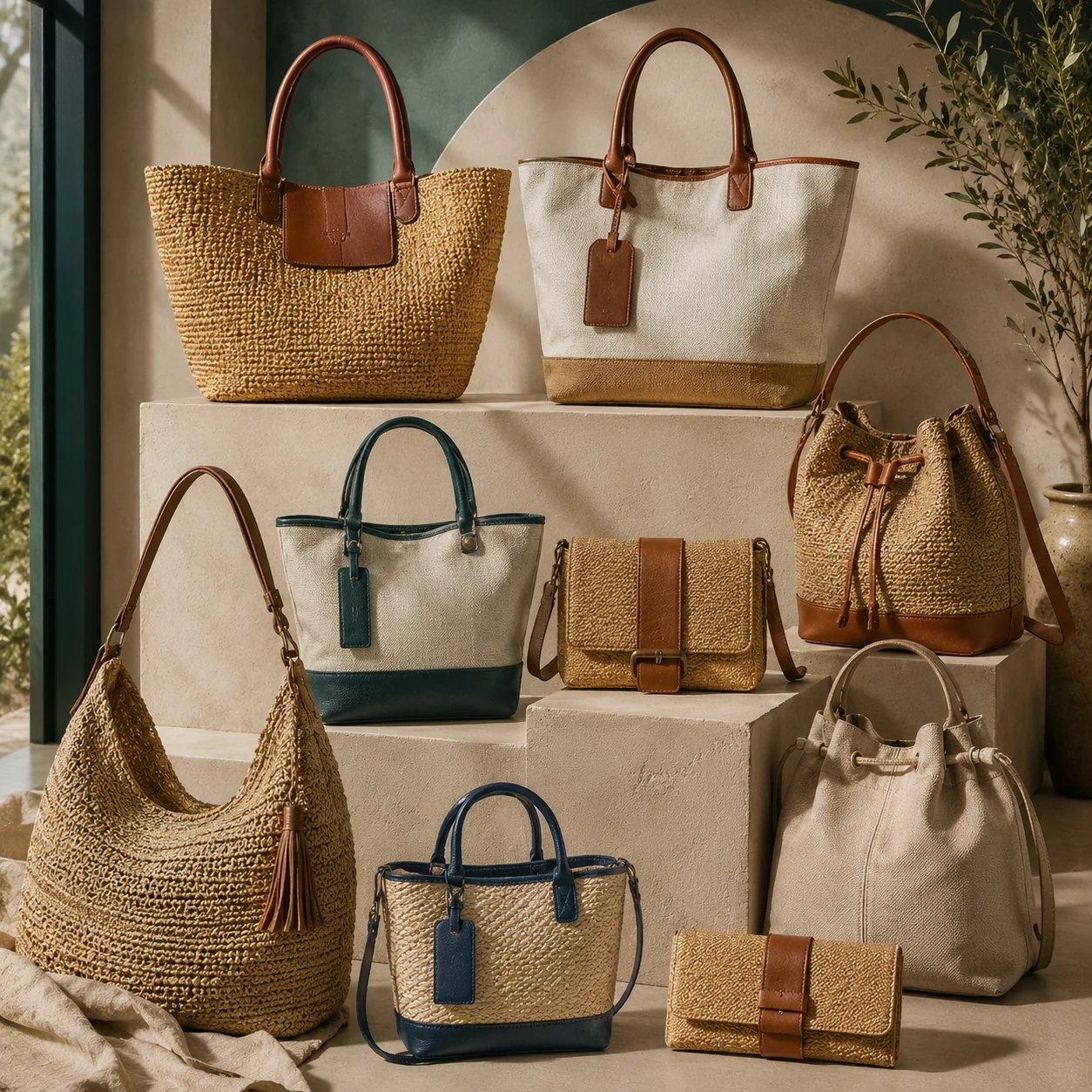 Straw, raffia and fabric bags